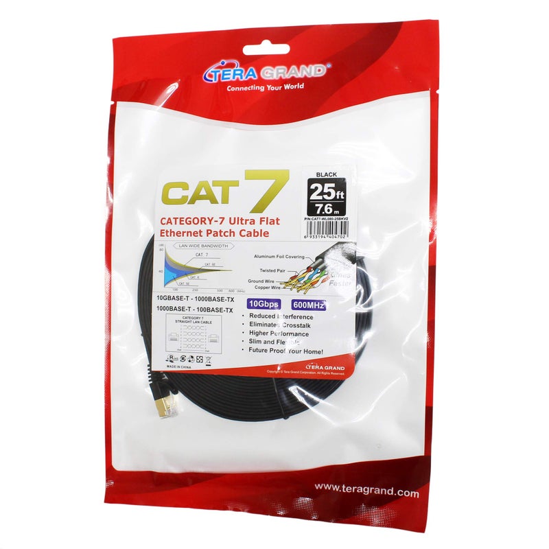 Tera Grand - 25FT - CAT7 10 Gigabit Ethernet Ultra Flat Patch Cable for Modem Router LAN Network, Gold Plated Shielded RJ45 Connectors, Faster Than CAT6a CAT6 CAT5e, Black - Image 5